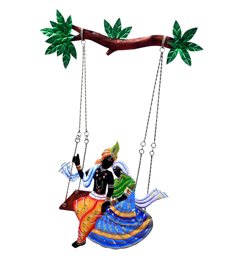 Handcrafted Iron Multicolour Krishna and Radha on Swing Wall Decor, 51L x 3D x 74H cm for Home Decor
