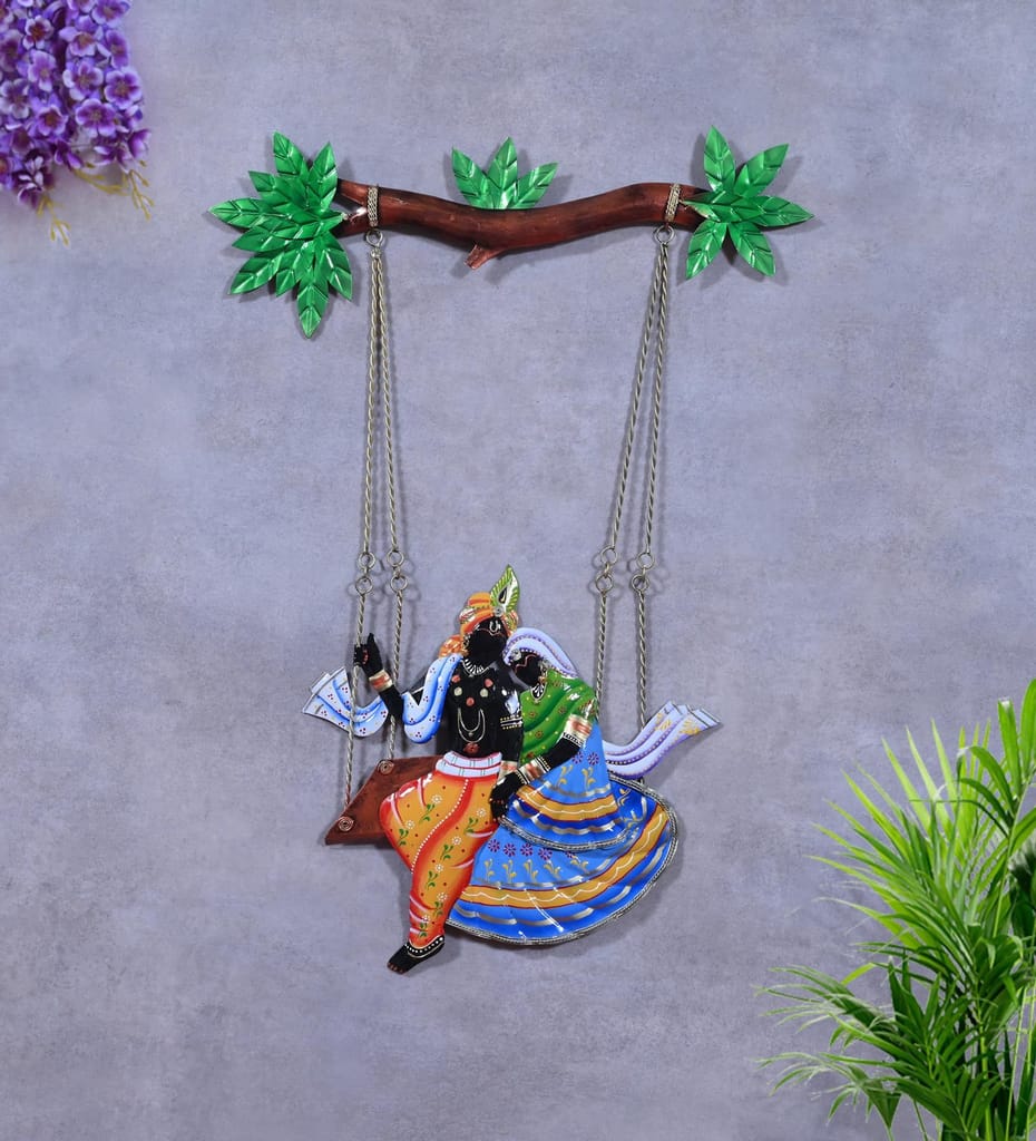 Handcrafted Iron Multicolour Krishna and Radha on Swing Wall Decor, 51L x 3D x 74H cm for Home Decor