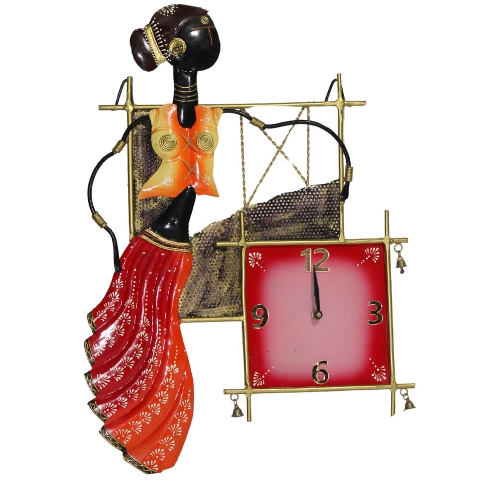 Handcrafted Metal Wall Clock with Vibrant Artistic Woman Design, 38x4x54 cm, Perfect for Living Room, Bedroom, or Office D�cor