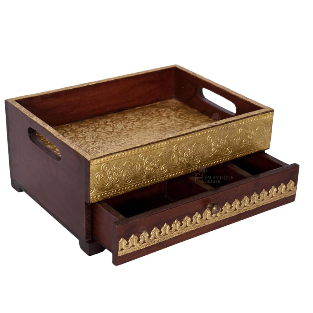 Handicraft Wooden Jewelry Organizer Desk with Brass Embossing, Drawers