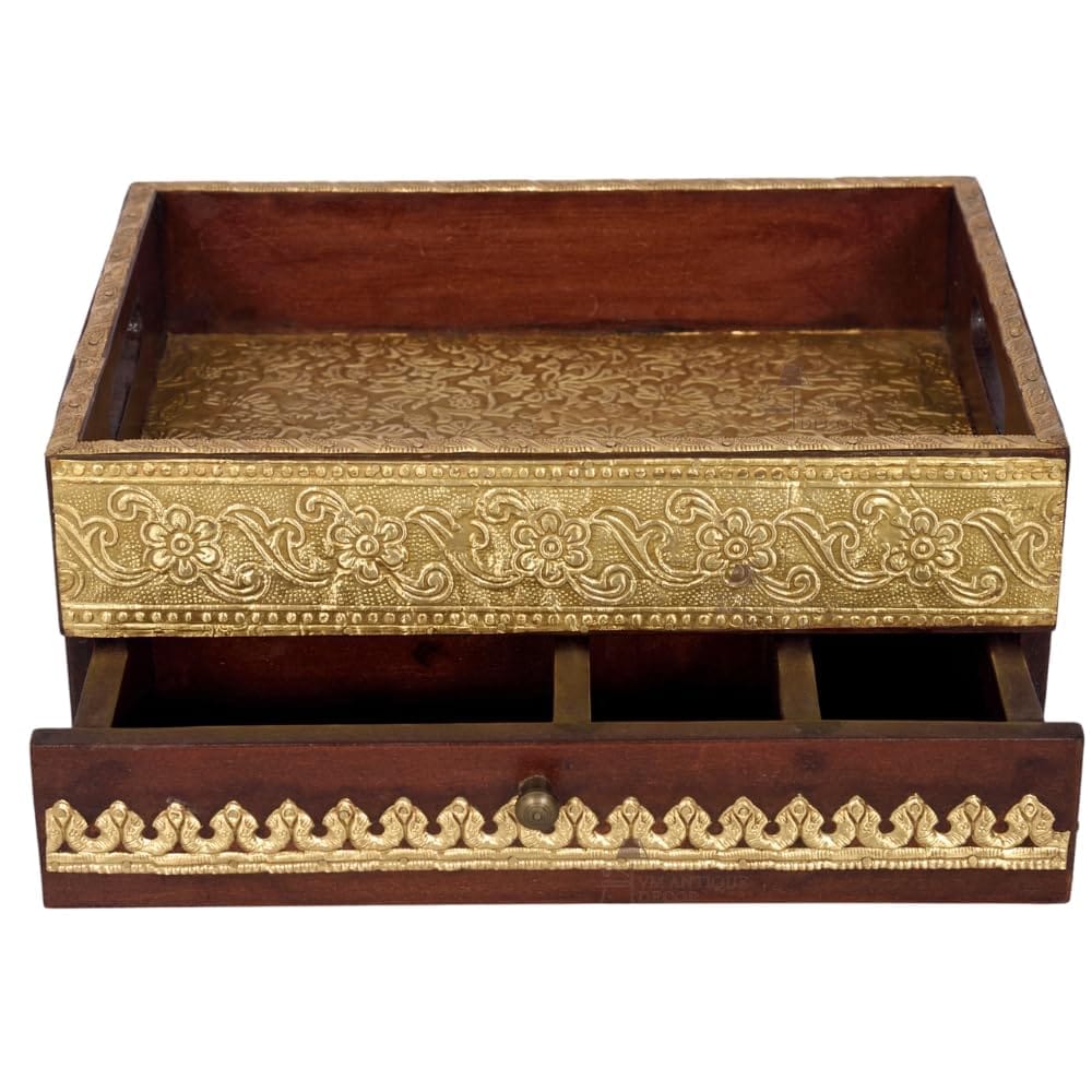 Handicraft Wooden Jewelry Organizer Desk with Brass Embossing, Drawers