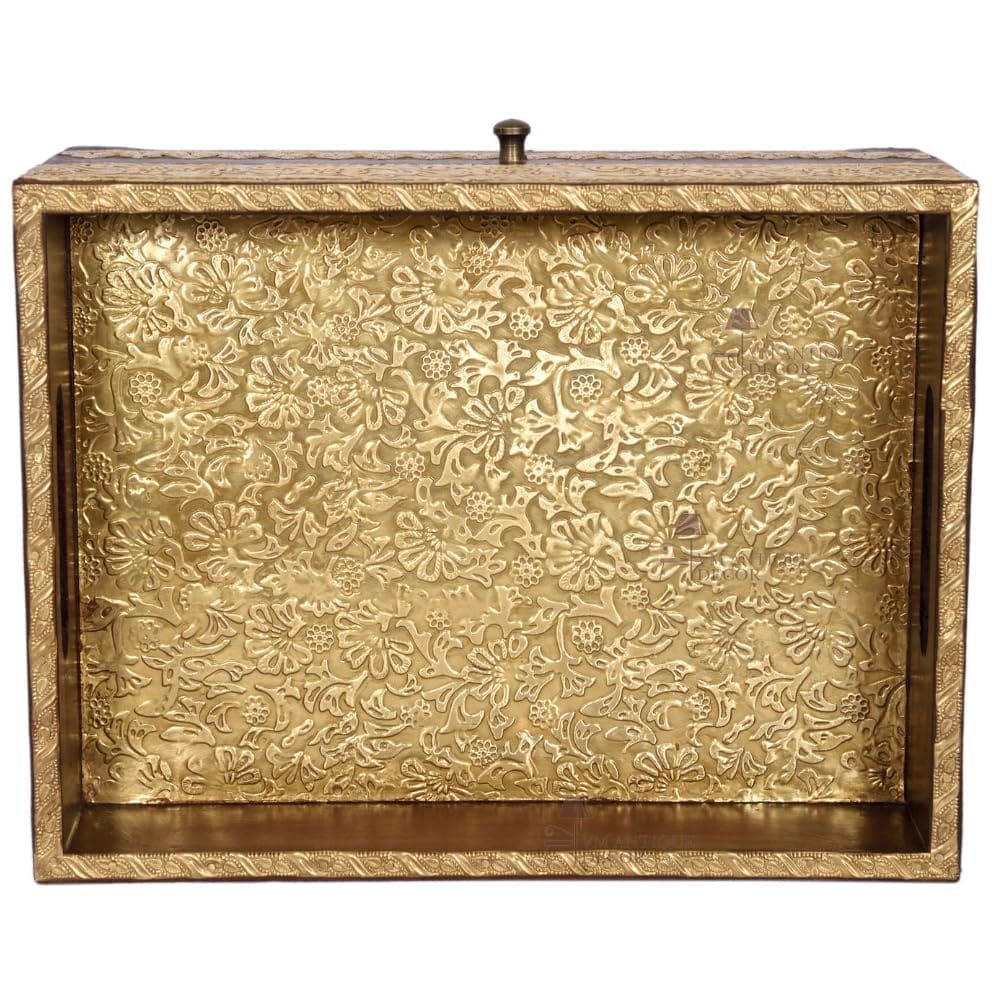 Handicraft Wooden Jewelry Organizer Desk with Brass Embossing, Drawers