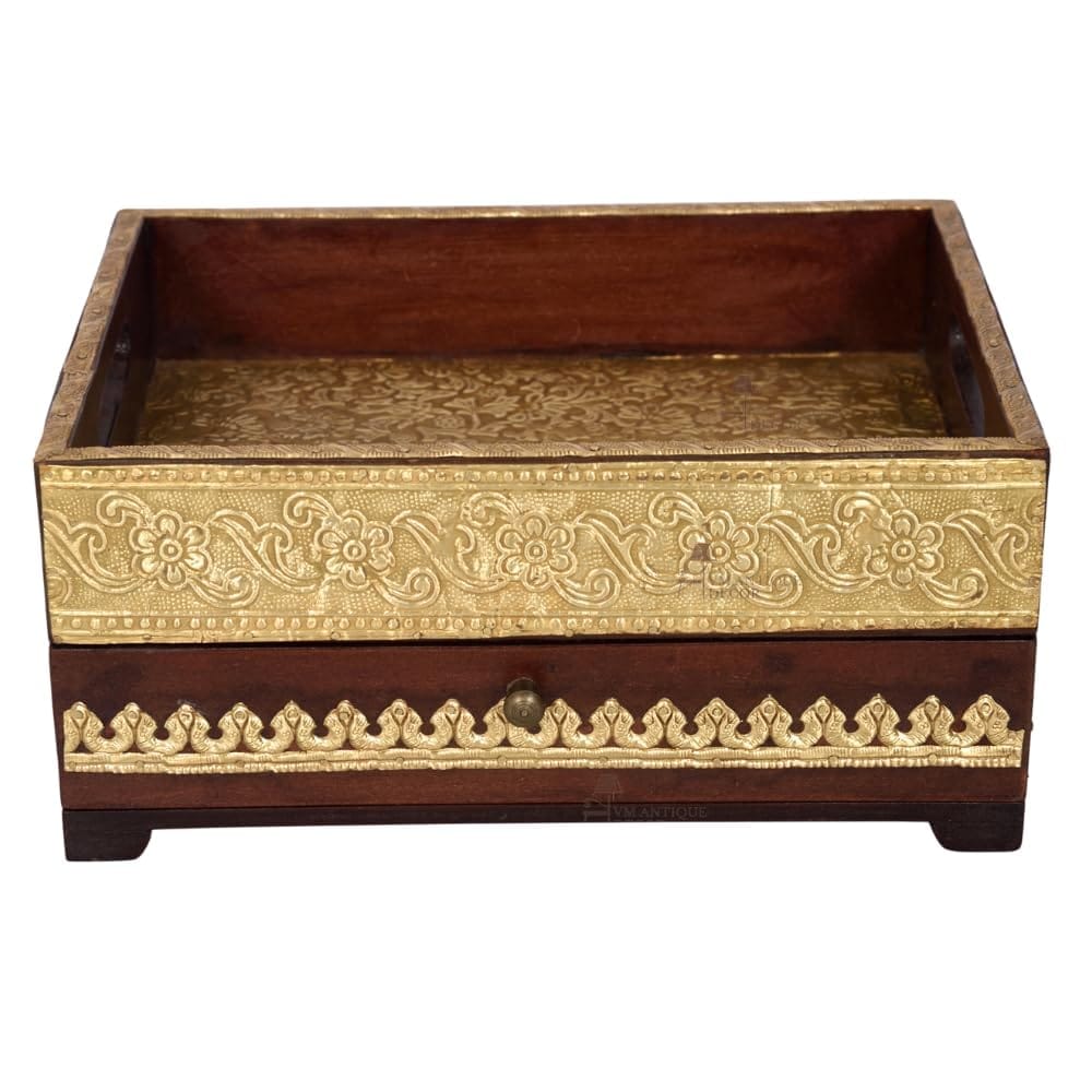 Handicraft Wooden Jewelry Organizer Desk with Brass Embossing, Drawers