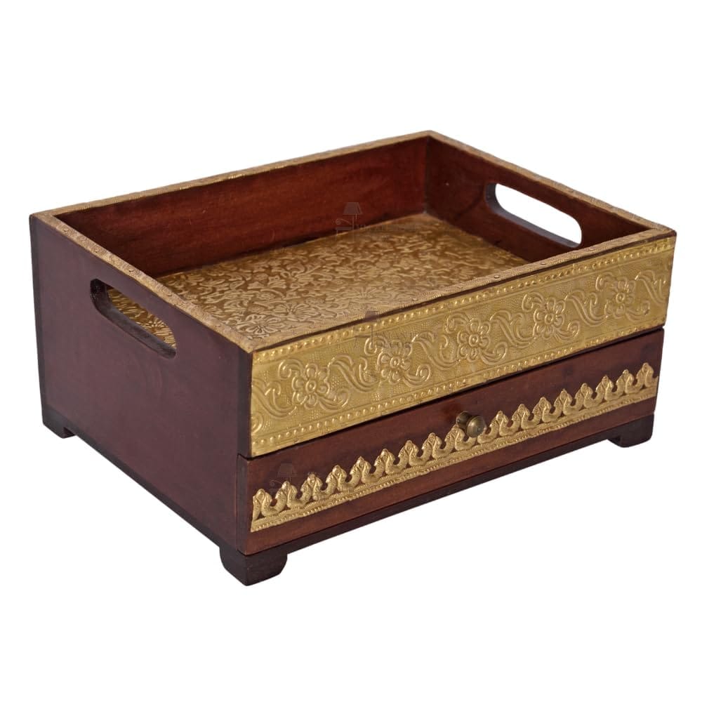 Handicraft Wooden Jewelry Organizer Desk with Brass Embossing, Drawers
