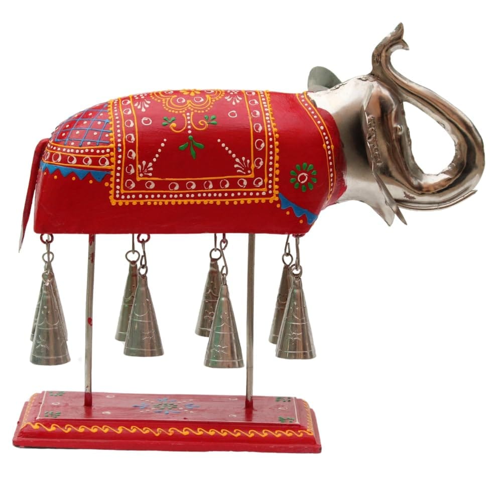 Hand-Painted Wood and Metal Elephant Statue with Hanging Bells, 31x16x29 cm, Vibrant Artisanal Design for Home Decor