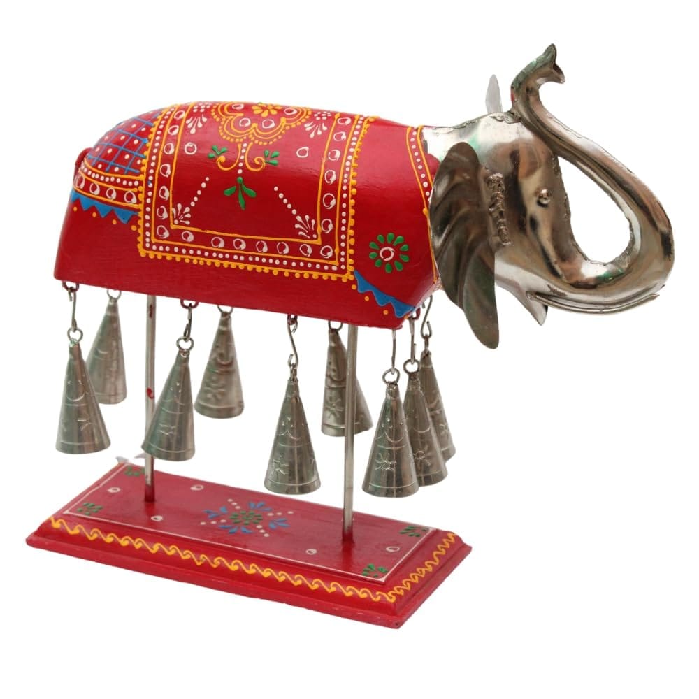 Hand-Painted Wood and Metal Elephant Statue with Hanging Bells, 31x16x29 cm, Vibrant Artisanal Design for Home Decor