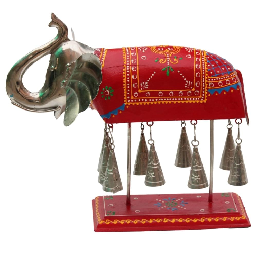 Hand-Painted Wood and Metal Elephant Statue with Hanging Bells, 31x16x29 cm, Vibrant Artisanal Design for Home Decor