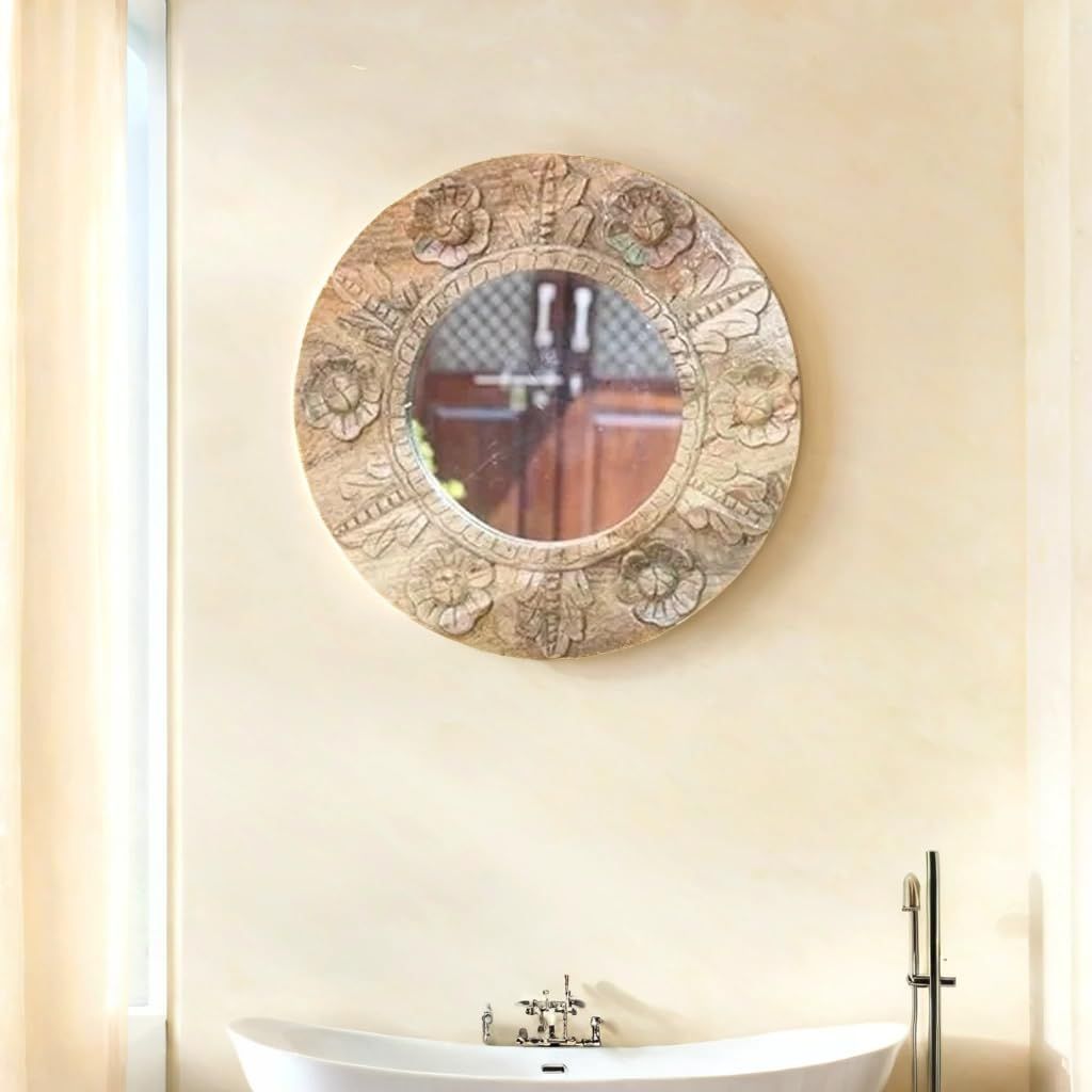 Handcrafted Round Wooden Carved Mirror with Floral Design, 45x45x3 cm