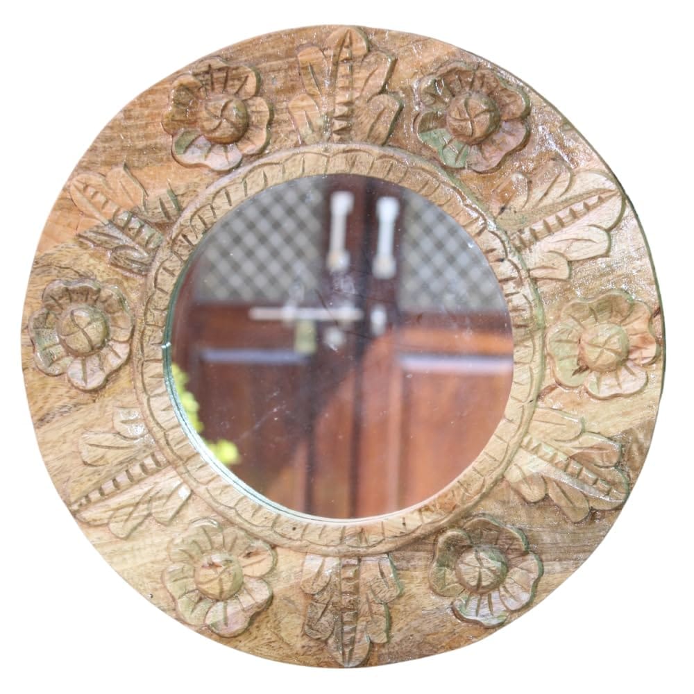 Handcrafted Round Wooden Carved Mirror with Floral Design, 45x45x3 cm