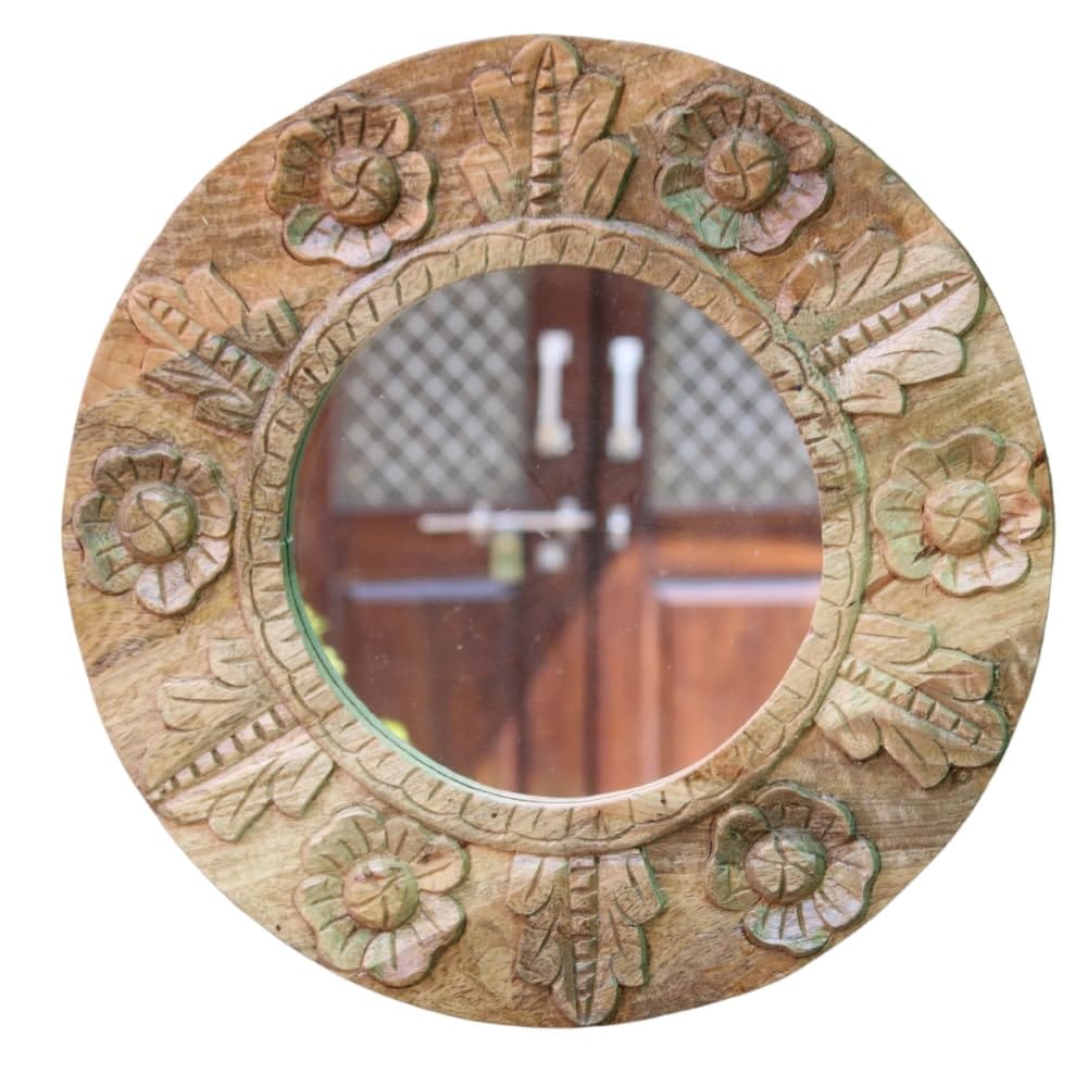 Handcrafted Round Wooden Carved Mirror with Floral Design, 45x45x3 cm