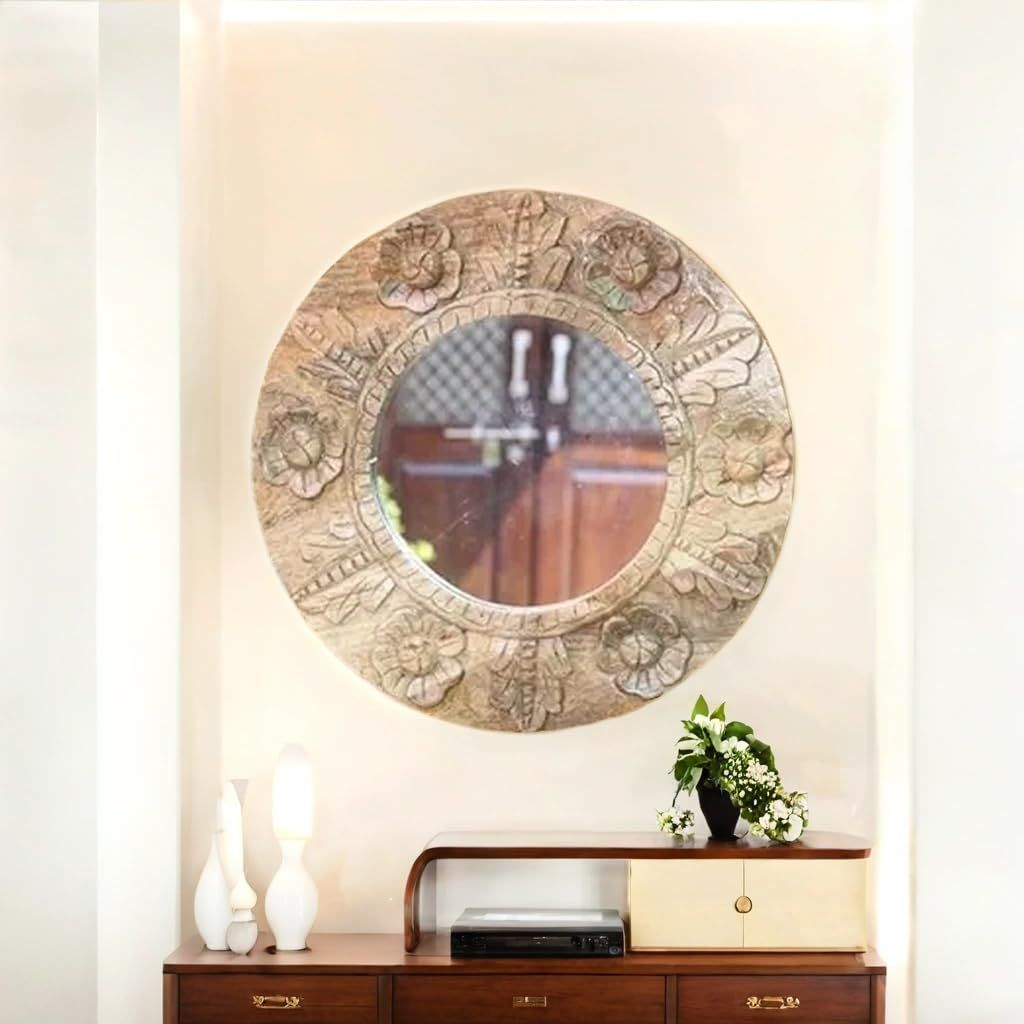 Handcrafted Round Wooden Carved Mirror with Floral Design, 45x45x3 cm