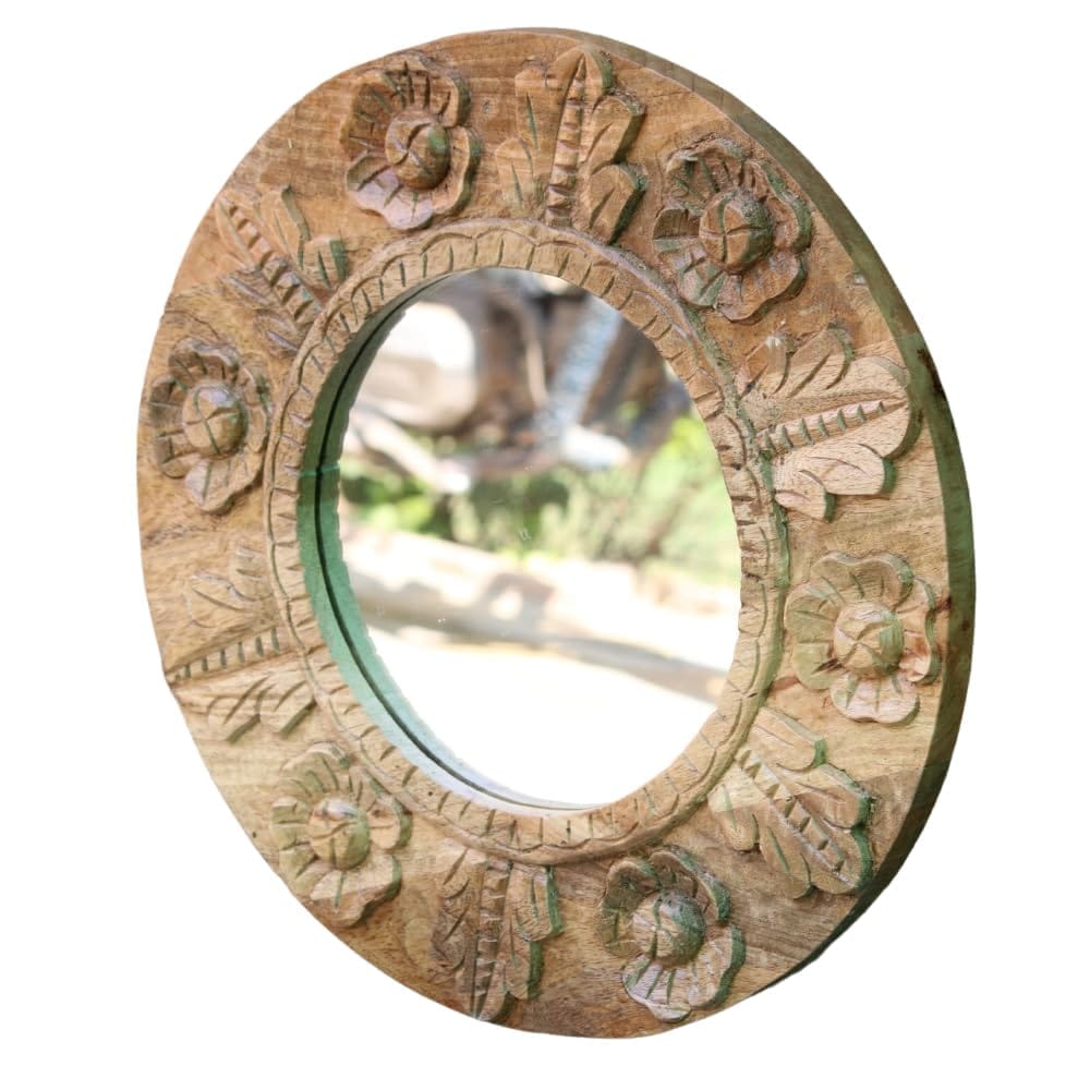 Handcrafted Round Wooden Carved Mirror with Floral Design, 45x45x3 cm