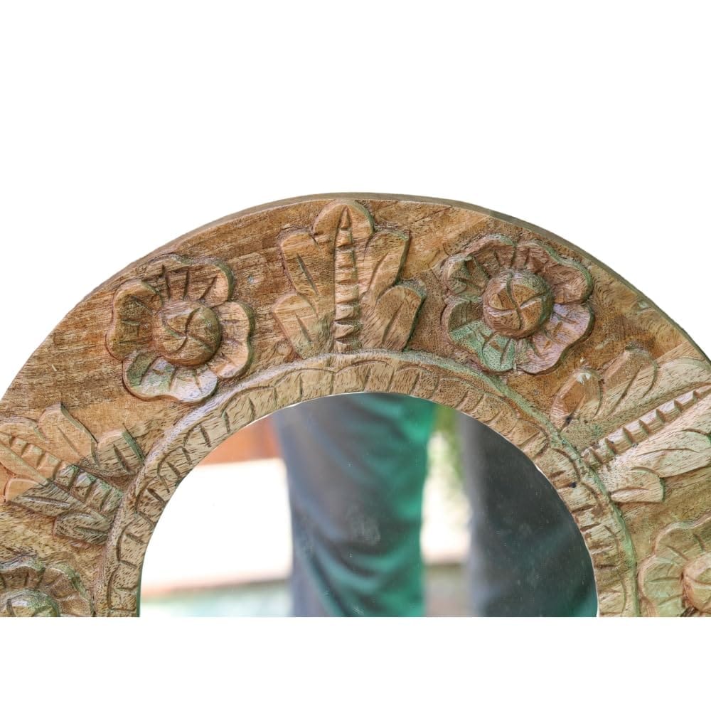 Handcrafted Round Wooden Carved Mirror with Floral Design, 45x45x3 cm