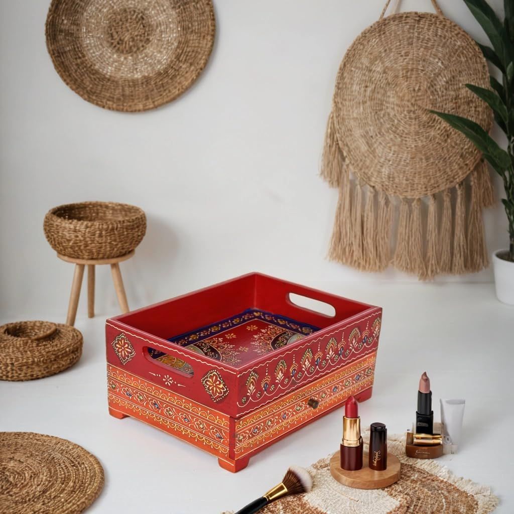 Hand-Painted Wooden Jewellery Storage Box, 30 x 14 x 23 cm, Rajasthani Art