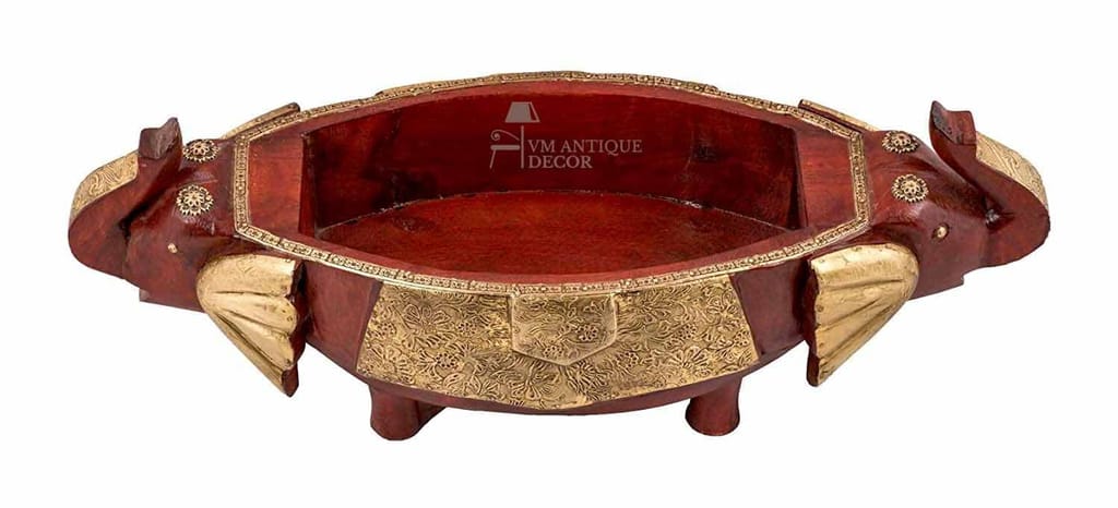 Handcrafted Wooden Elephant Head Fruit Bowl with Brass Accents, 52x18x16 cm