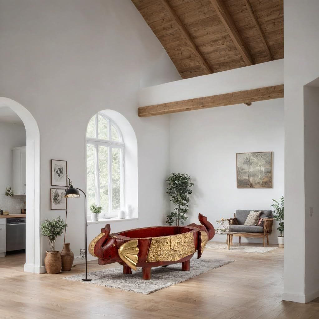 Handcrafted Wooden Elephant Head Fruit Bowl with Brass Accents, 52x18x16 cm