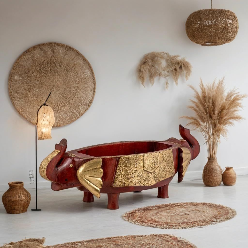 Handcrafted Wooden Elephant Head Fruit Bowl with Brass Accents, 52x18x16 cm