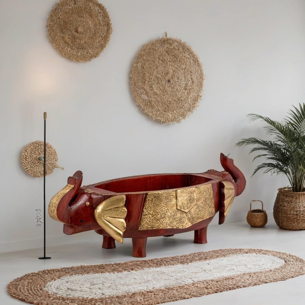 Handcrafted Wooden Elephant Head Fruit Bowl with Brass Accents, 52x18x16 cm