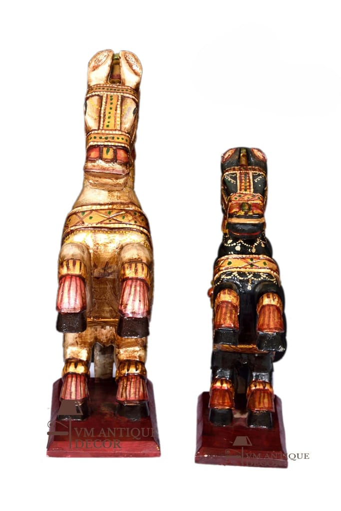 Handcrafted Wooden Rocking Horse Figurines - Set of 2, Decorative Home Decor Statues with Antique Finish