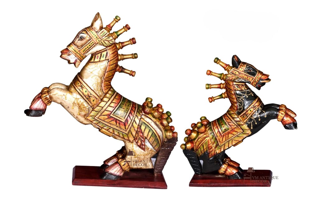 Handcrafted Wooden Rocking Horse Figurines - Set of 2, Decorative Home Decor Statues with Antique Finish