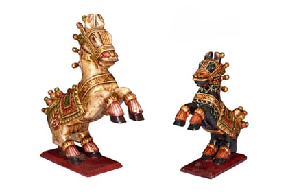 Handcrafted Wooden Rocking Horse Figurines - Set of 2, Decorative Home Decor Statues with Antique Finish Handcrafted Wooden Rocking Horse Figurines - Set of 2, Decorative Home Decor Statues with Antique Finish
