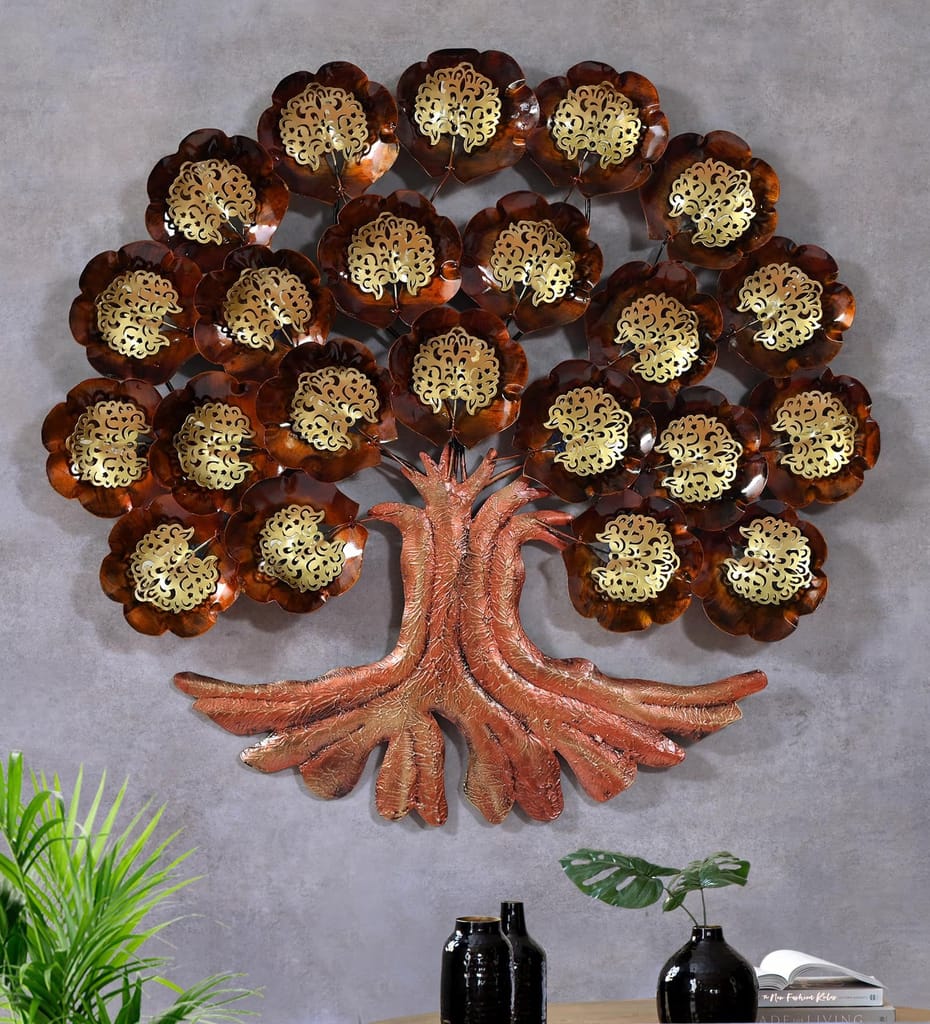 Handcrafted LED-Illuminated Iron Tree Wall Art, Elegant Brass Accents For Home And Office Decor