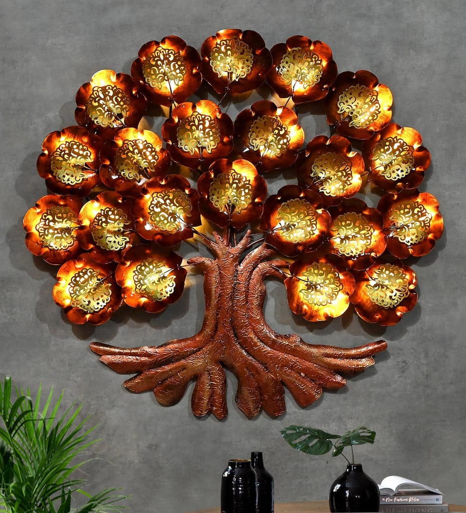 Handcrafted LED-Illuminated Iron Tree Wall Art, Elegant Brass Accents For Home And Office Decor
