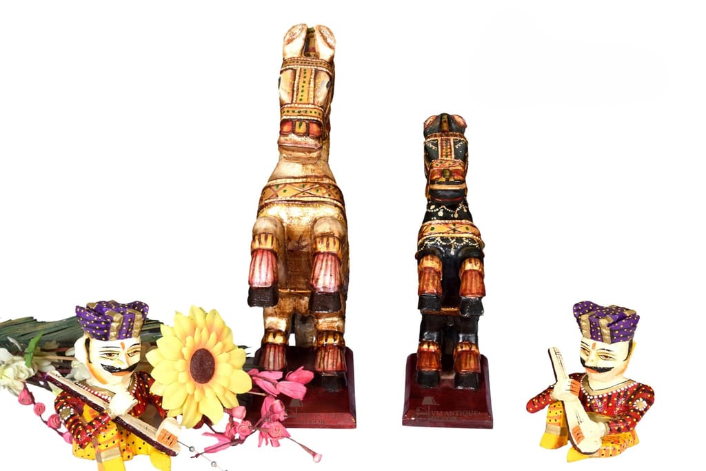 Handcrafted Wooden Rocking Horse Figurines - Set of 2, Decorative Home Decor Statues with Antique Finish