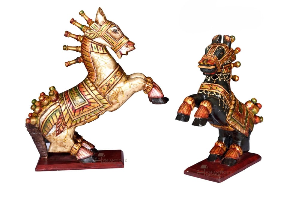 Handcrafted Wooden Rocking Horse Figurines - Set of 2, Decorative Home Decor Statues with Antique Finish