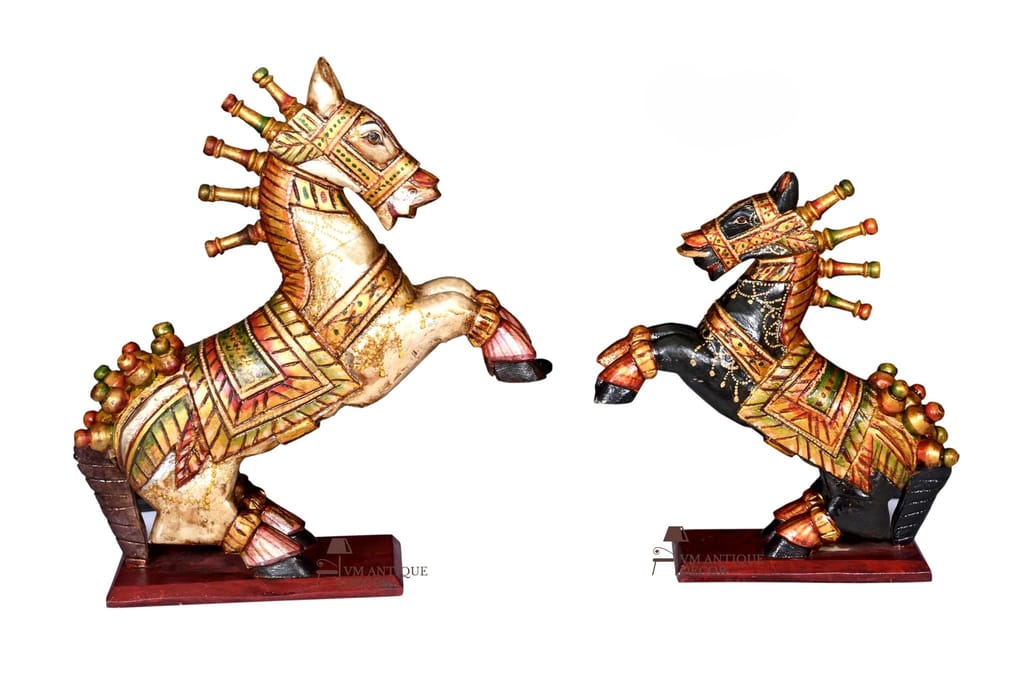 Handcrafted Wooden Rocking Horse Figurines - Set of 2, Decorative Home Decor Statues with Antique Finish