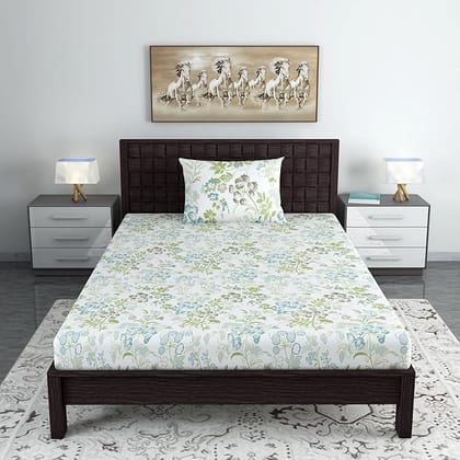  Floral Single Bedsheet with 1 Pillow Cover, 100% Cotton, Green