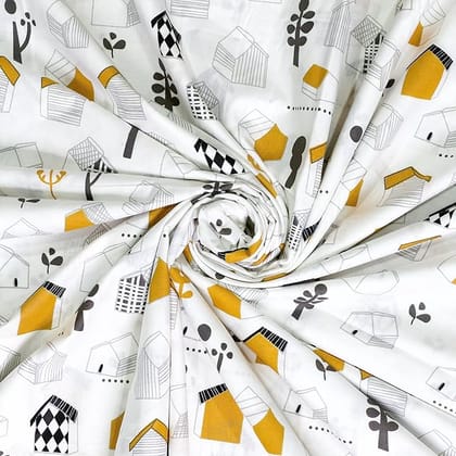 100% Cotton Sateen Fabric with Whimsical House Print, Perfect for Sewing and Crafting Projects