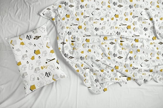 100% Cotton Sateen Fabric with Whimsical House Print, Perfect for Sewing and Crafting Projects