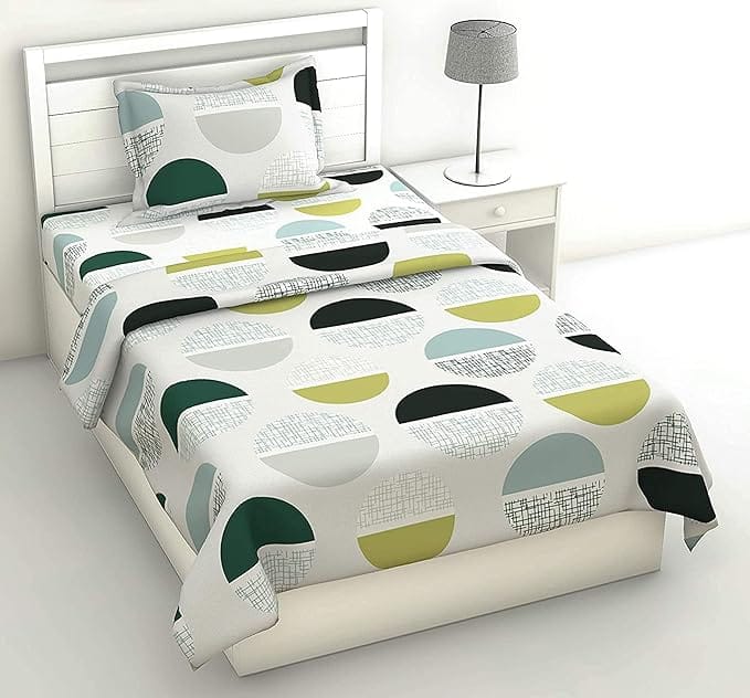Modern Geometric Circles Pattern - Soft Microfiber Bedding Set with 2 Pillow Shams - Grey, Green, Yellow