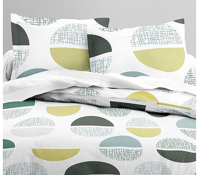 Modern Geometric Circles Pattern - Soft Microfiber Bedding Set with 2 Pillow Shams - Grey, Green, Yellow