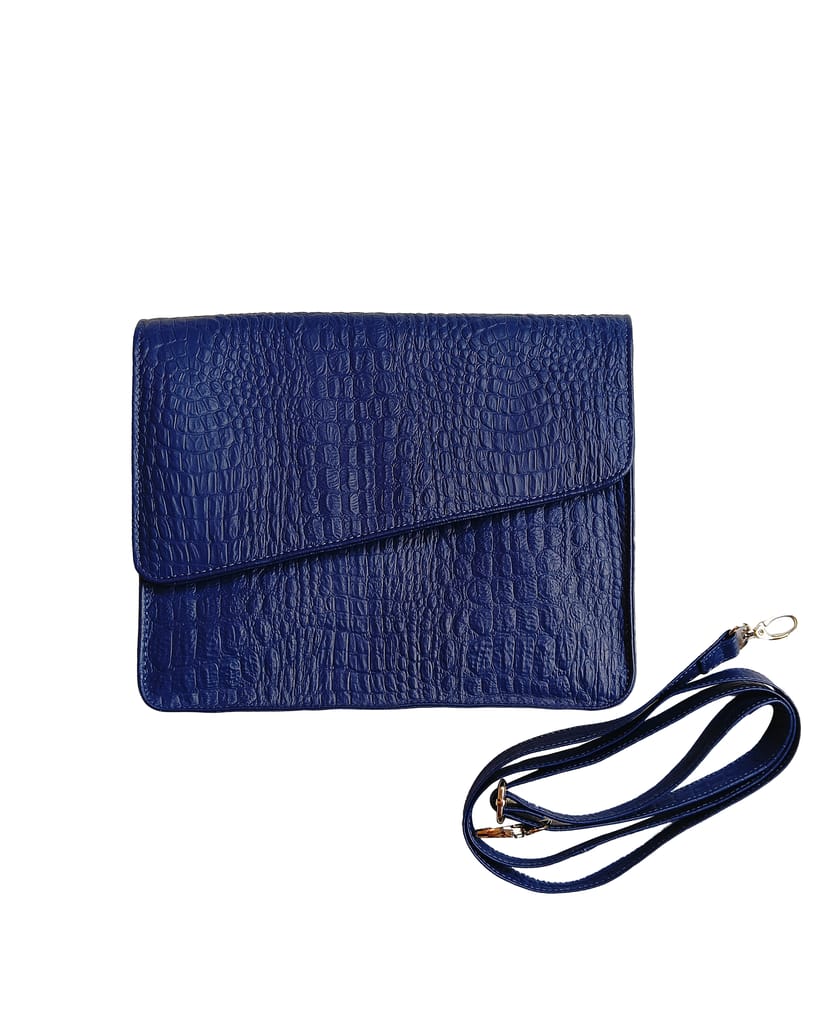 Elegant Croc-Textured Leather Sling Bag - Royal Blue - Handbags | Buy online on ZillyBuy