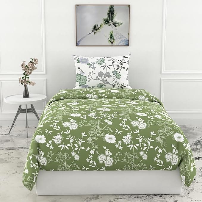  Green and White Floral Duvet Cover Set - Queen