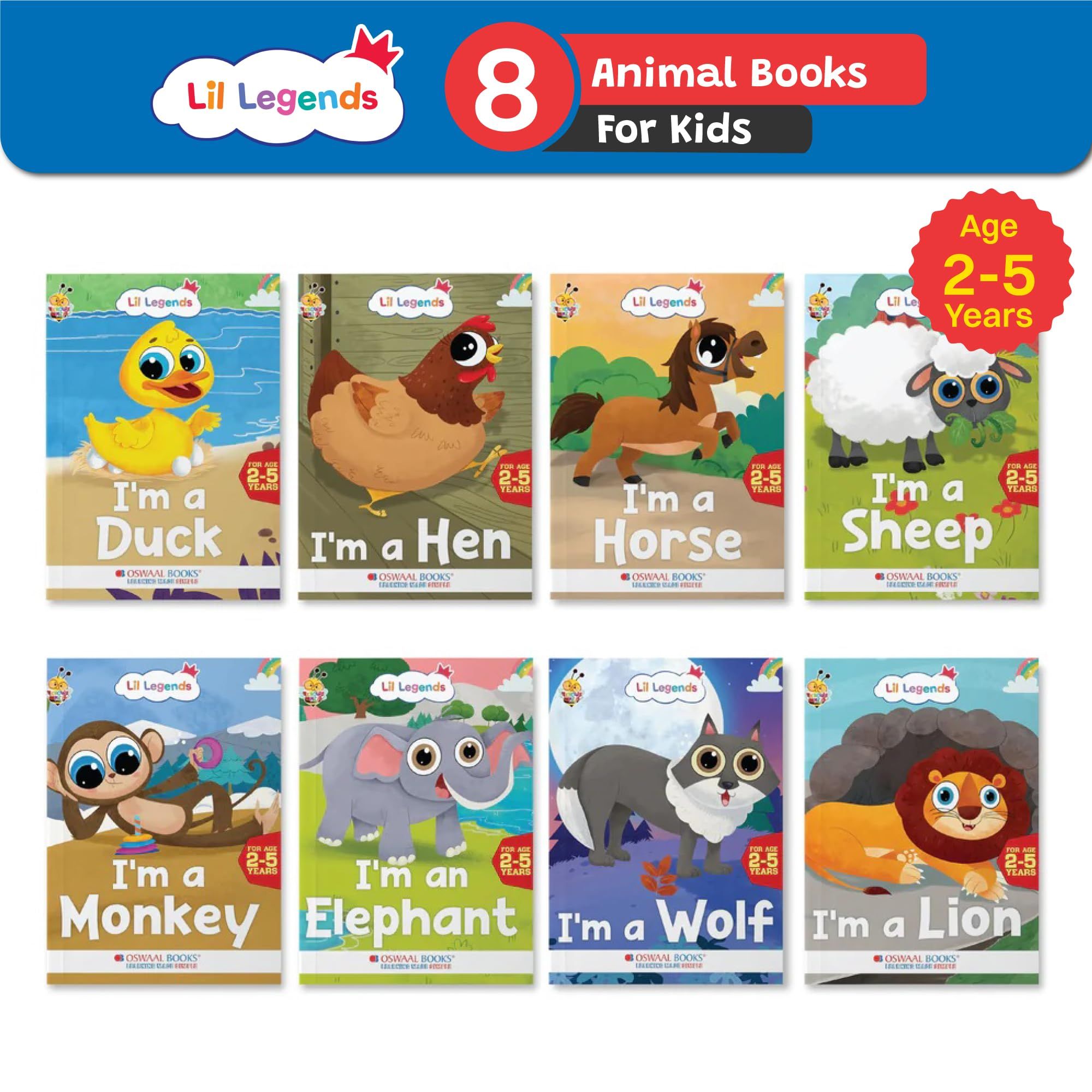 Oswaal Lil Legends Know me Series, Fascinating Farm & Wild Animal Books (DUCK, HEN, HORSE, SHEEP, ELEPHANT, LION, MONKEY and WOLF) (Set of 08 Books) Exciting Illustrated Books for kids, Age 2+ [Product Bundle] Oswaal Editorial Board