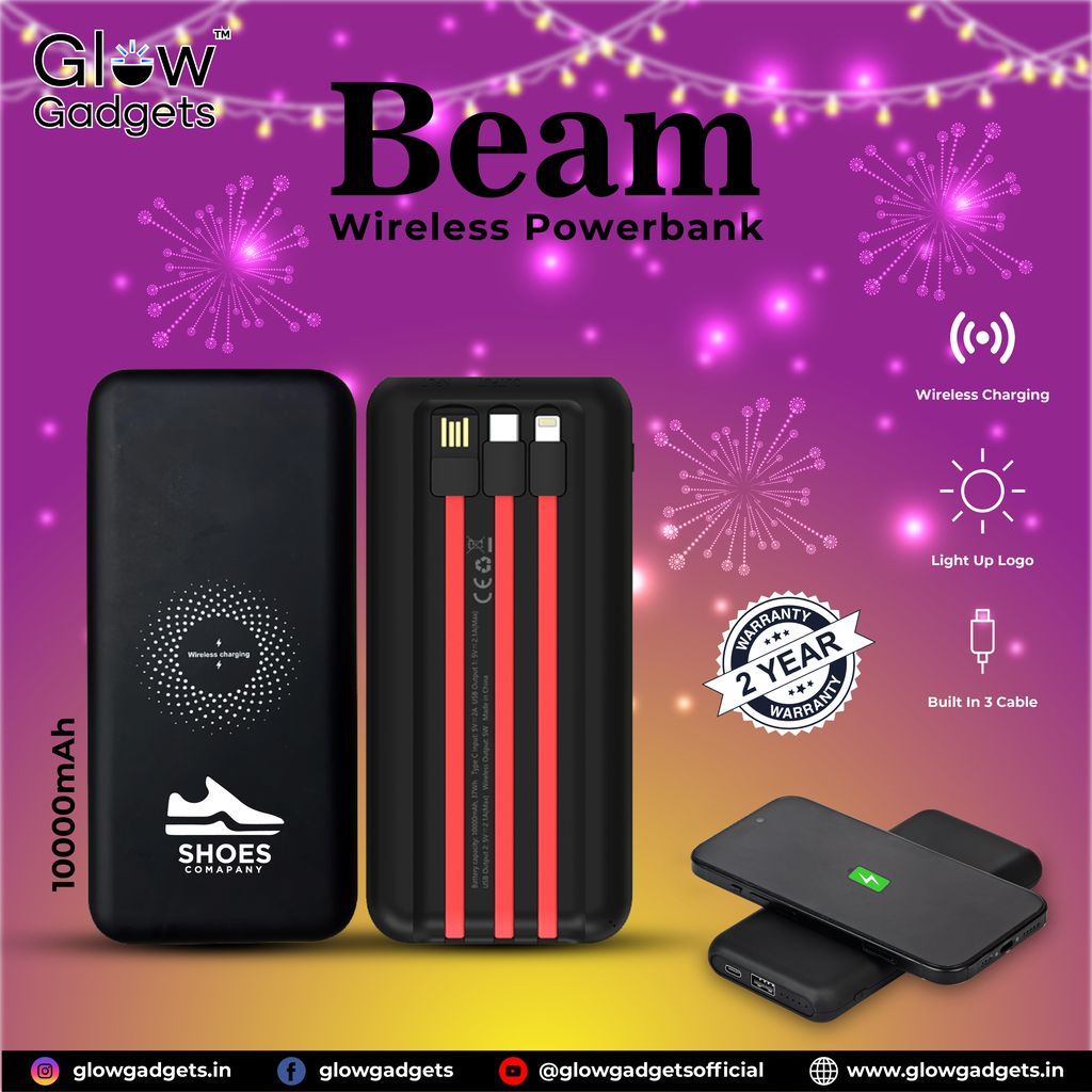 Glow Gadgets Beam 10000 mAh Wireless Powerbank with Inbuilt Cables
