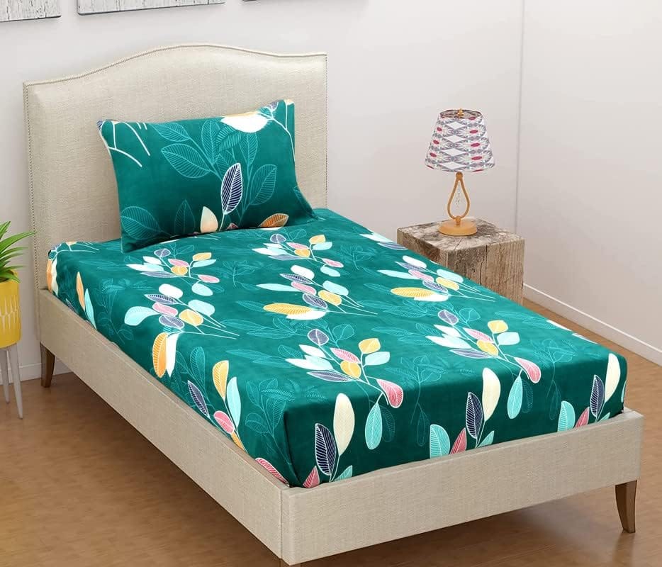  Green Leaves Single Bed Sheet with 1 Pillow Cover