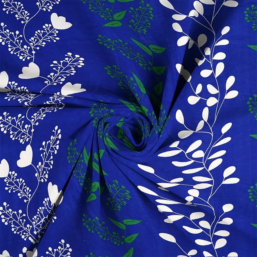 Blue and White Floral Cotton Fabric by the Yard