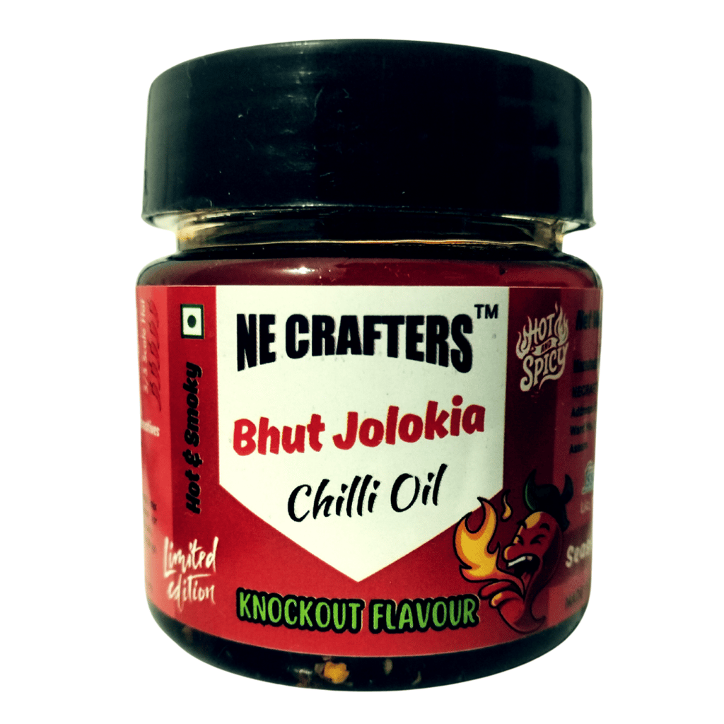 NE CRAFTERS Bhut Jolokia Chilli Oil | Premium | Hand-Made with Bhut Jolokia Pepper, Red Chillies, Garlic, Onion, Cinnamon and Spices | Best with Momos, Ramen, Noodles, Pasta - Knockout (100 gms)