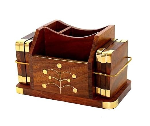 Wooden Stationery Desk Organiser, Coasters Set, Pen Stand, Business Card Holder With Brass Work (Office Table Accessories), Gold