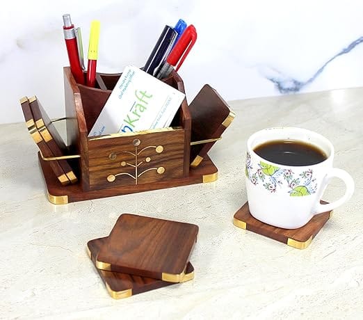 Wooden Stationery Desk Organiser, Coasters Set, Pen Stand, Business Card Holder With Brass Work (Office Table Accessories), Gold
