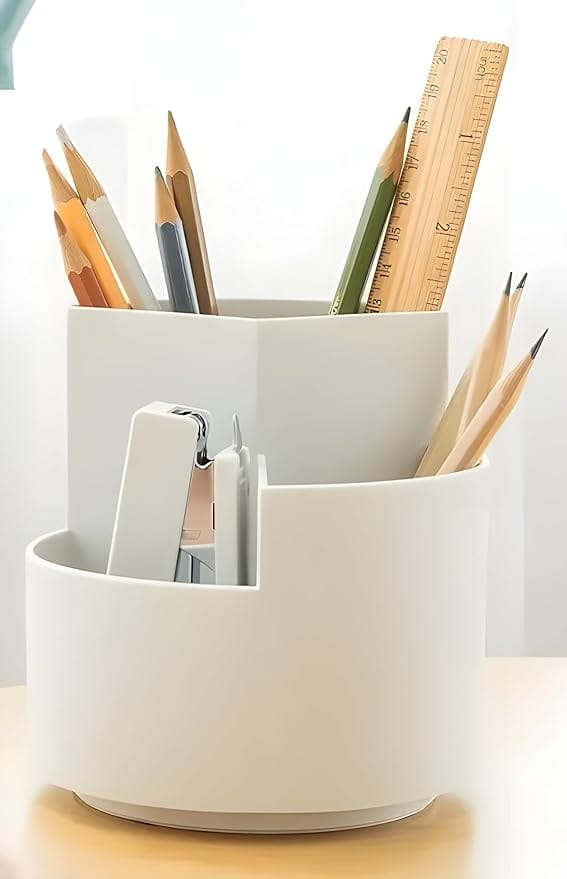 Pen & Pencil Holders and Stationery Organiser Holder I 3 Compartment Plastic Case Holder I Multi-Functional Storage & Display Stand for Home, Office Table Accessories I Plastic - White