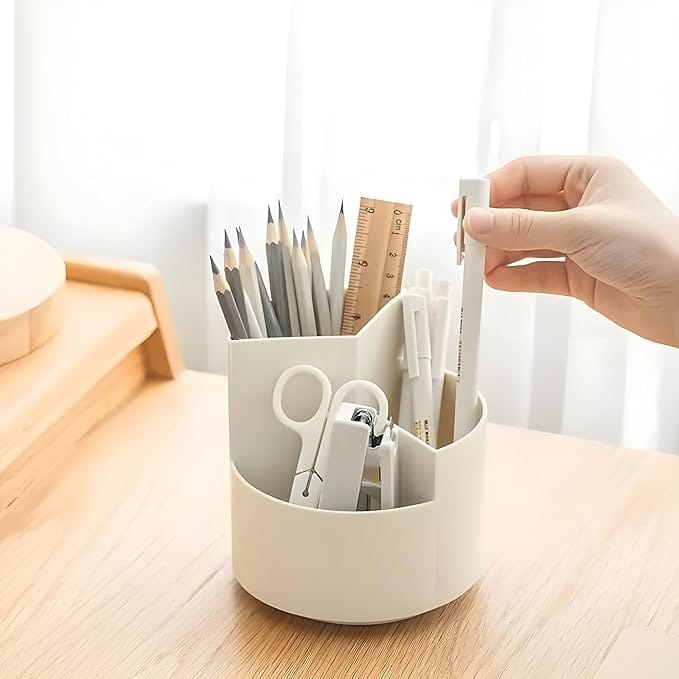 Pen & Pencil Holders and Stationery Organiser Holder I 3 Compartment Plastic Case Holder I Multi-Functional Storage & Display Stand for Home, Office Table Accessories I Plastic - White