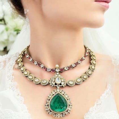Emerald Bridal Necklace Set By Dia Art Jewels