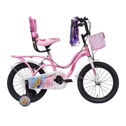 Hero Fairy 16T Bicycle for Kids with Mudguard and Training Wheel | Single Speed | Easy Self Assembly | Rigid Fork | Pink-White | Ideal for Girls | 95% Assembled Cycle(Ready to Ride in 5 Mins)