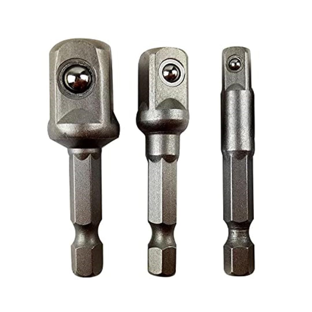 H9 3-Piece Hex Shank to Square Drive Socket Adapter Set  1/4", 3/8", 1/2" Power Drill Extension for Quick Change Nut Driver, Socket & Wrench � CR-V Steel for Automotive & Home Repair 3 Piece Set