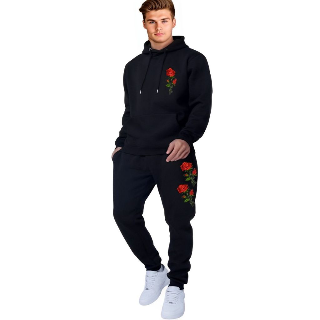 Latest Men HAZAWA Polyester Black Tracksuit for Men | Full Sleeve Hooded Neck | Rose Embroidered